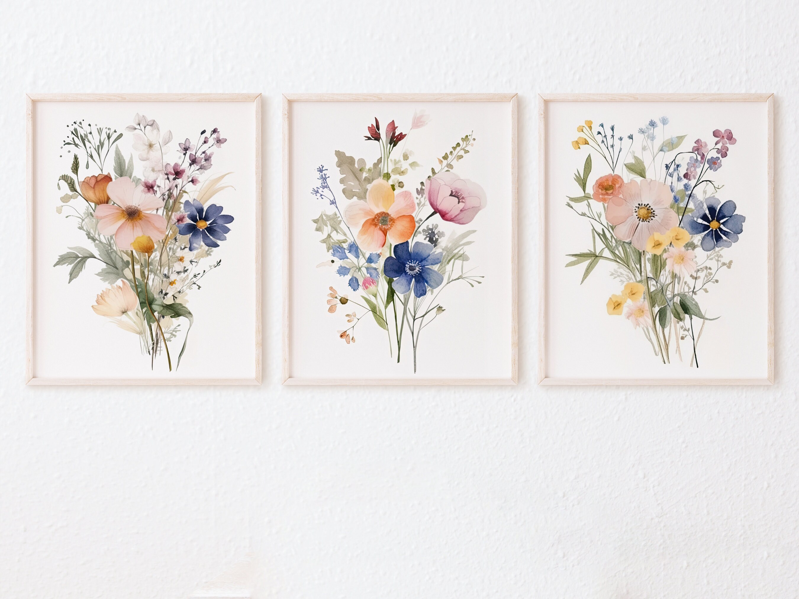 Wildflowers Wall Art - Set of 3, Watercolor Painting Wildflower Print ...
