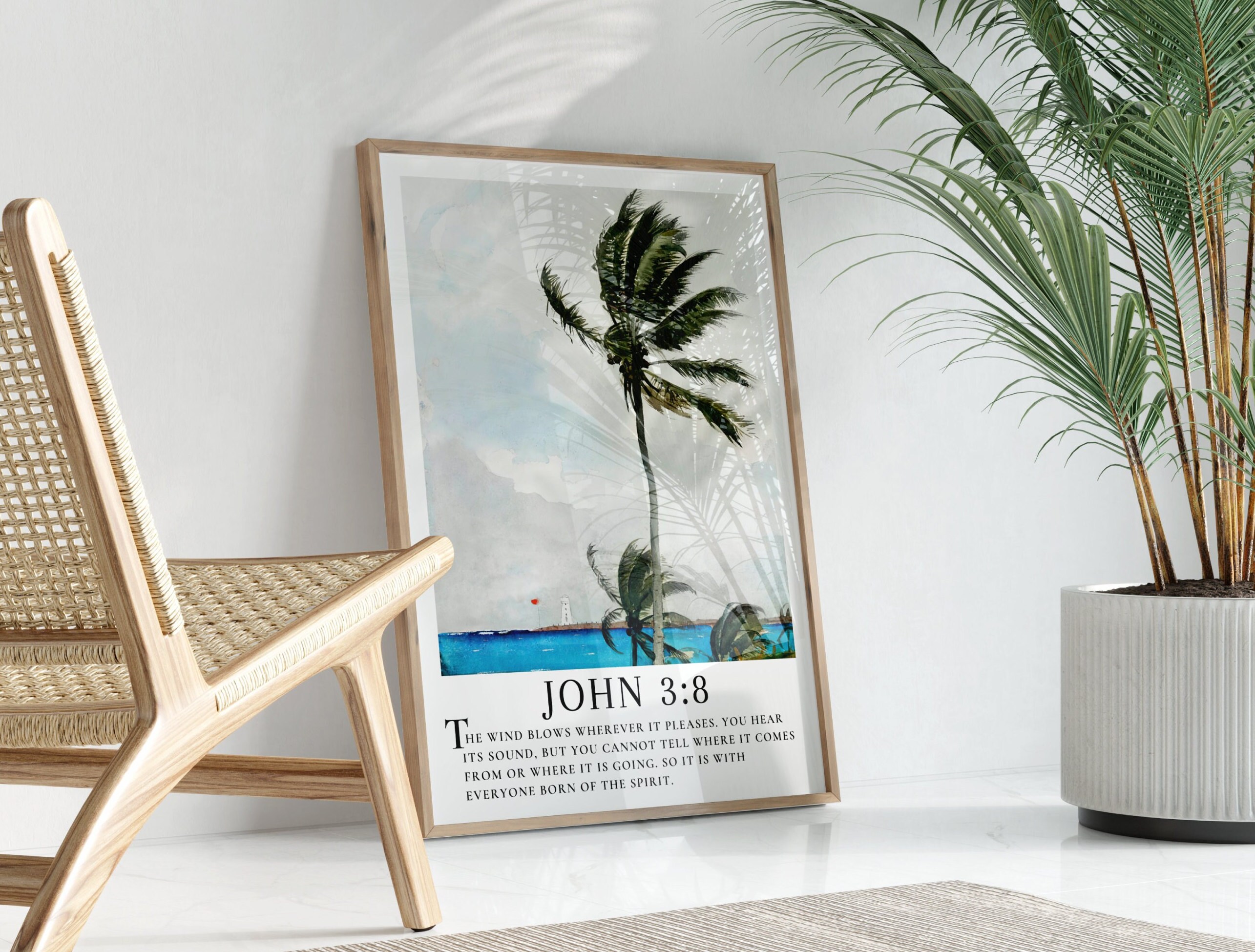 John 3:8 Bible Verse Wall Art - Palm Tree Blowing in the Wind