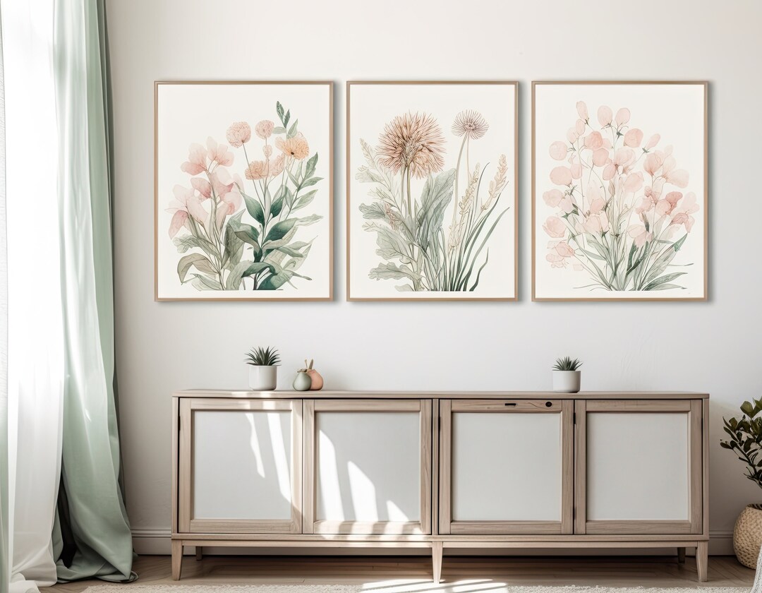 Set of 3 Pink Flowers Wall Art, Watercolor Painting Flower Prints ...