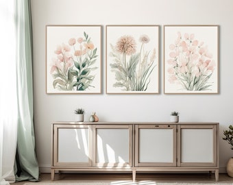 Set of 3 Pink Flowers Wall Art, Watercolor Painting Flower Prints, Floral Decor for Bedroom, Nursery, Kids or Living Room, Botanical Flowers
