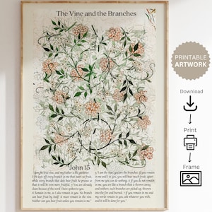 May include: A printable art print featuring a watercolor illustration of a vine and branches with a white background. The print includes a passage from John 15 of the Bible, "I am the true vine, and my Father is the gardener. 2 He cuts off every branch in me that bears no fruit, while every branch that does bear fruit he prunes so that it will be even more fruitful. 3 You are already clean because of the word I have spoken to you. 4 Remain in me, as I also remain in you. No branch can bear fruit by itself; it must remain in the vine. Neither can you bear fruit unless you remain in me." 5 'I am the vine, you are the branches. If you remain in me and I in you, you will bear much fruit; apart from me you can do nothing. 6 If you do not remain in me, you are like a branch that is thrown away and withers; such branches are picked up, thrown into the fire and burned. 7 If you remain in me and my words remain in you, ask whatever you wish, and it will be done for you."