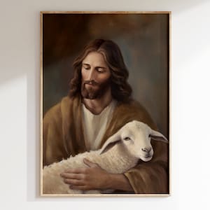 Jesus & The Lost Sheep | Jesus Portrait Painting Wall Art | Jesus Christ, The Good Shepard - Jesus Carrying Sheep | Jesus Art Painting PRINT