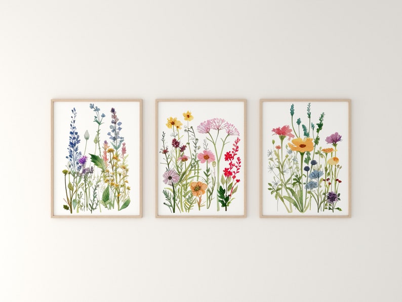 Colorful Wildflowers Wall Art Set of 3 | Printable Flower Watercolor ...