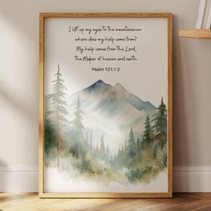 Psalm 121 I Lift My Eyes to the Mountains - Bible Verse Art |  Mountain Forest Painting, Christian decor, Prayer Room wall art - Unframed