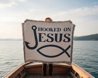 Hooked On Jesus Christian Blanket | Housewarming Gift for Fishermen, Jesus Blanket, Living Room Throw Blanket, Accent Blanket, Woven Blanket