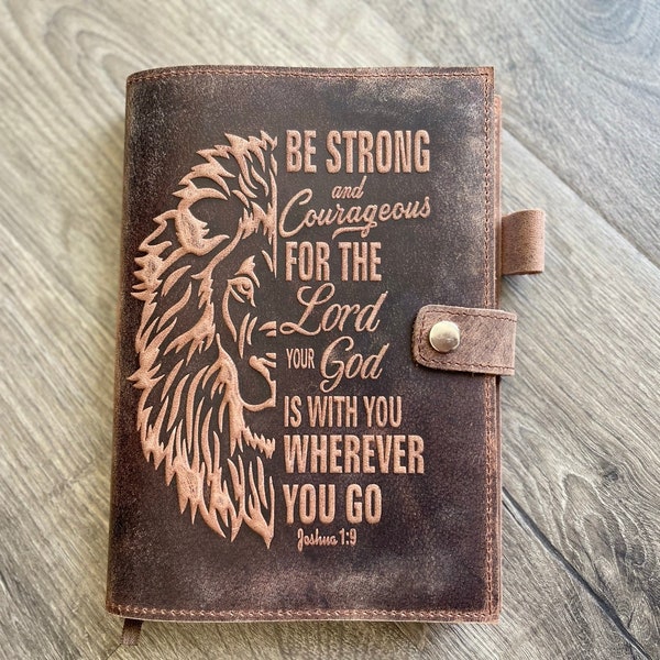 Be Strong and Courageous - Joshua 1:9 Bible Verse Journal | Handmade Leather Journal | Inscribed with Bible Verse & Lion | Christian Gift