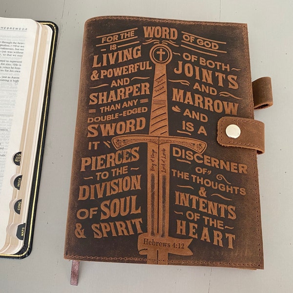 Leather Journal | The Word of God Is Living - Hebrews 4:12 Handmade Journal Inscribed with Scripture Bible Verse & Sword | Christian Gift