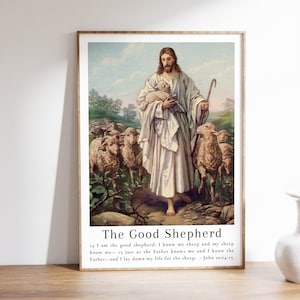 El Buen Pastor - Arte vintage de la pared de Jesús con versículo bíblico de Juan 10:14 / Arte religioso cristiano, Arte de Jesús, Arte bíblico - Arte sin marco