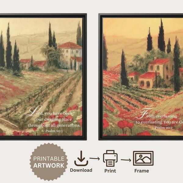 Set of 2 Vineyard in Tuscany Painting Prints with Psalm Scripture - Poppies of Toscano | Psalm 90 Scripture Wall Art | PRINTABLE ART