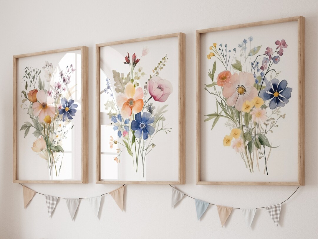 Wildflowers Wall Art - Set of 3, Watercolor Painting Wildflower Print ...