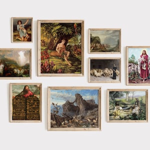 May include: A set of nine framed vintage religious art prints. The prints depict various biblical scenes, including figures, landscapes, and historical events. The frames are a light brown colour, and the artwork is displayed against a white wall.