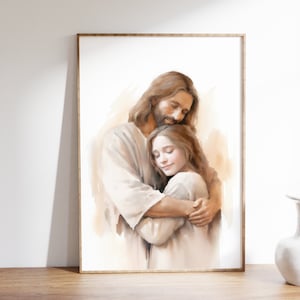 Embrace of Christ - Love of Jesus Christ | Christ&#39;s Embrace Painting | Jesus hugging Girl, Jesus Art, Christian Decor - Unframed Art Print