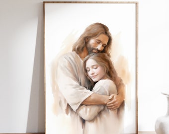 Embrace of Christ - Love of Jesus Christ | Christ's Embrace Painting | Jesus hugging Girl, Jesus Art, Christian Decor - Unframed Art Print