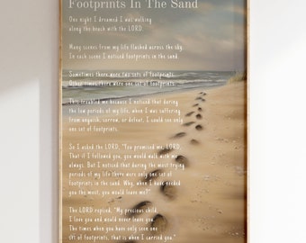 Footprints In The Sand Wall Art | Christian Wall Decor, Jesus Wall Art, Beach theme decor | Footprints Poem Poster - Unframed PHYSICAL PRINT