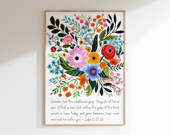 Luke 12 Consider the Wild Flowers - Flower Wall Art | Scripture Decor, Bible Verse Wall Art | Christian Home Decor | Wildflower Floral Art