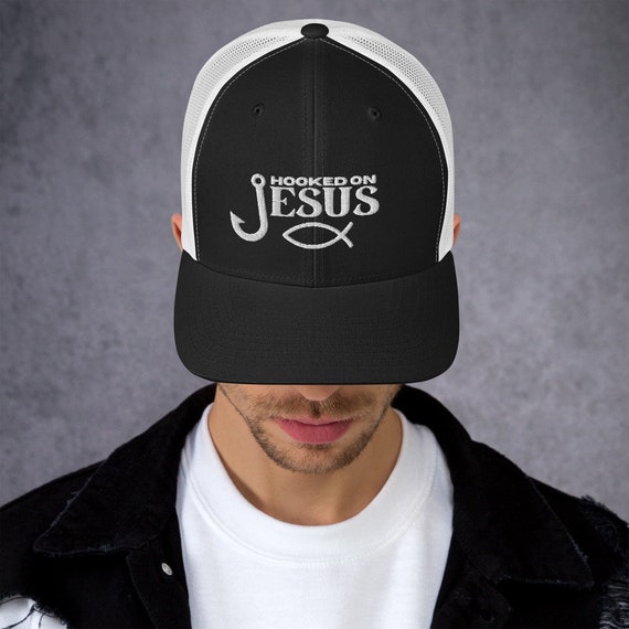 Hooked On Jesus Hat | Embroidered Trucker Cap, Fishing Hat, Jesus Hat, Christian Gift | Outdoor Gear - Christian Cap with Embroidery