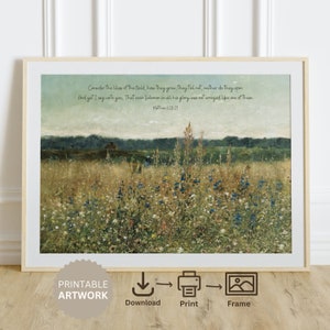 Consider The Lilies Vintage Art Print - Matthew 6:28 Bible Verse Wall Decor, Botanical Scripture Art |  Vintage Wildflower Field Art Print