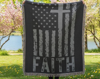 Faith Blanket - American Flag Blanket | Patriotic Blanket, Christian Gift, July 4 USA Flag Blanket, Freedom Blanket - Cotton Woven Blanket