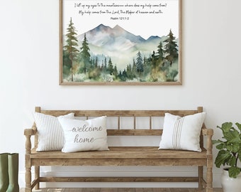 I Lift My Eyes To The Mountains - PSALM 121 Bible Verse Art | Forest Mountain Painting, Cabin Wall Art, Christian Decor - Unframed Art Print