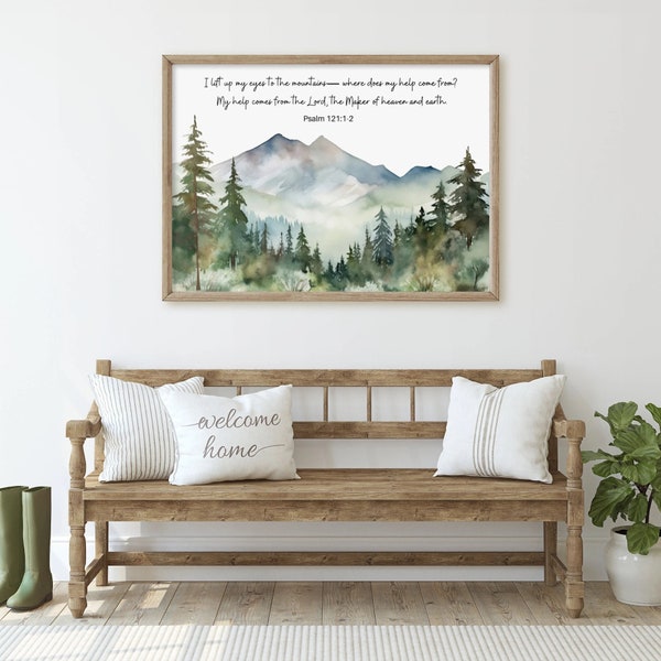 I Lift My Eyes To The Mountains - PSALM 121 Bible Verse Art | Forest Mountain Painting, Cabin Wall Art, Christian Decor - Unframed Art Print