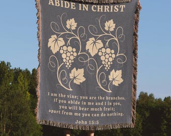 Abide In Christ - Bible Verse Blanket, Jesus Blanket, Christian Blanket, Accent Blanket, I Am The Vine Christian Gift - Woven Cotton Blanket