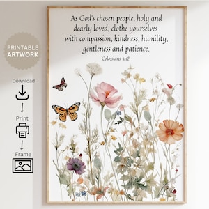 Bible Verse Wildflower Wall Art - Colossians 3: 12 | Butterflies and Flowers Painting Print, Boho decor, Botanical Flowers in Pastel Colors