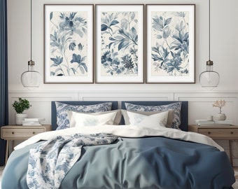 Blue Floral Wall Decor: Set of 3 Blue Watercolor Paintings - Bouquet, Botanical Prints for Living Room and Bedroom Walls