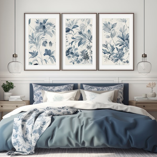 Blue Floral Wall Decor: Set of 3 Blue Watercolor Paintings - Bouquet, Botanical Prints for Living Room and Bedroom Walls