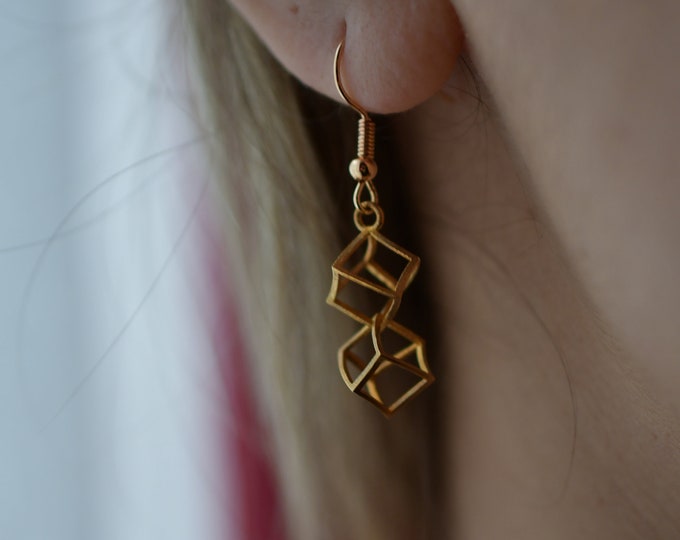 Twisted Cube Earrings | Unique Geometric Gold-Plated or Sterling Silver Earrings | Modern Cube-Shaped Jewelry | Perfect Gift for Women