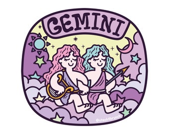 May include: A cartoon illustration of the Gemini zodiac sign. Two figures with pink and blue hair are holding a lyre and an arrow. The illustration is surrounded by stars and clouds. The text "GEMINI" is written in a banner above the figures. The text "@steak4brunch" is written below the figures.