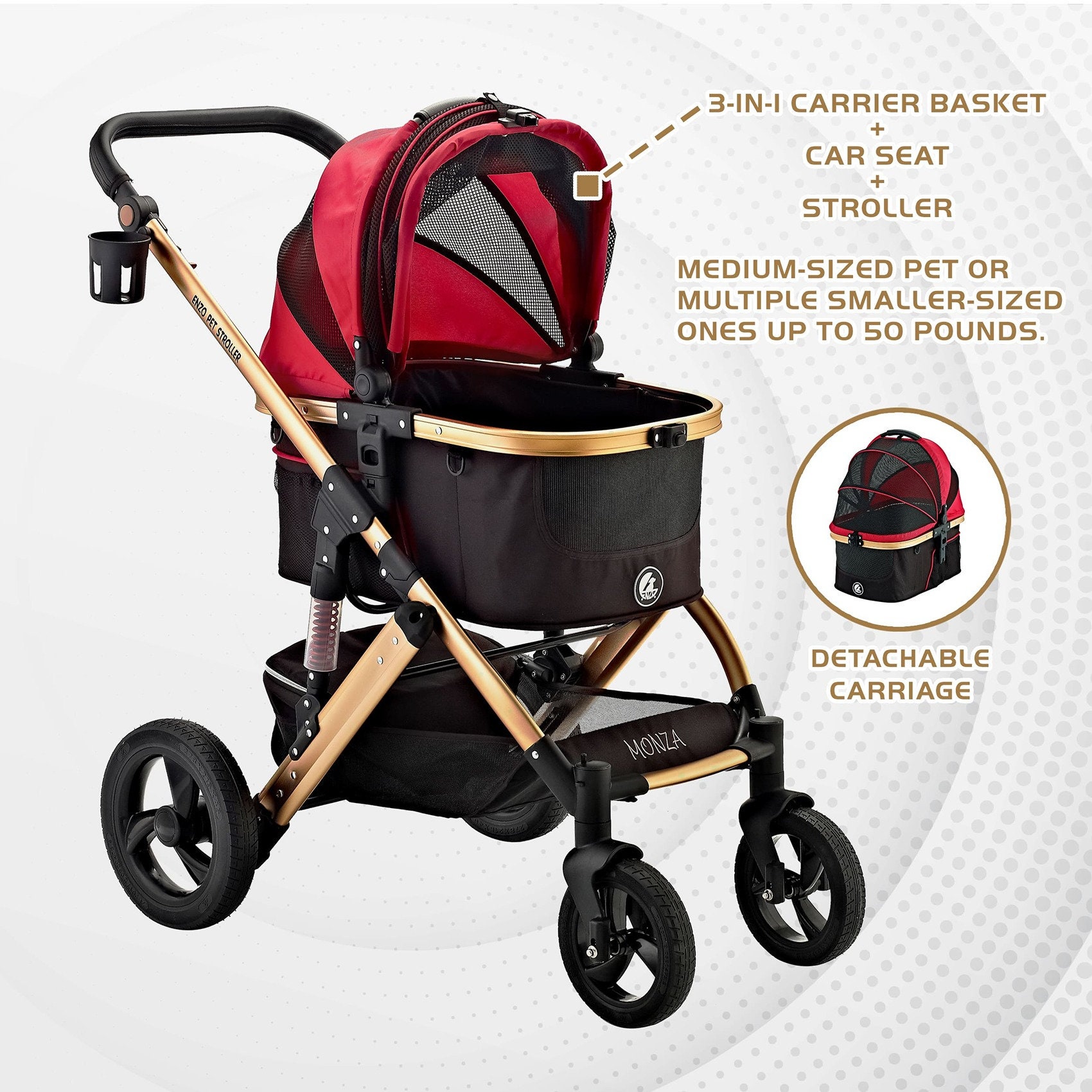 Enzo Pet Stroller Monza Luxury 3-In-1 Stroller, Travel Carrier, Car Seat For Pets (Red)