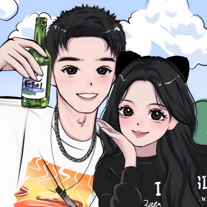 Retrato personalizado, retrato de anime de dibujos animados lindo, dibujo de ilustración digital, retrato de pareja familiar, regalo personalizado, cumpleaños de aniversario