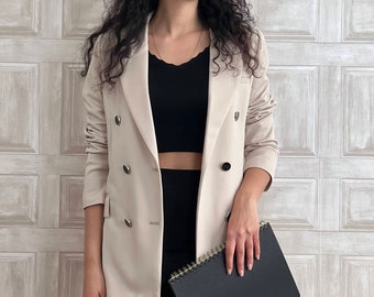 Double Breasted Long Line Blazer in Beige