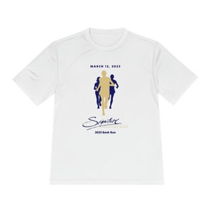 May include: White t-shirt with a blue and gold logo for the Signature Bank 2023 Bank Run. The logo features a silhouette of three runners and the text "Signature Bank 2023 Bank Run". The date "March 12, 2023" is printed above the logo.