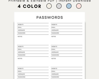 Printable Password Tracker, Fillable Password Log Organizer, 3 Layouts, A4 A5 US Letter PDF