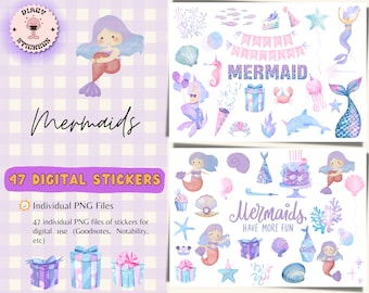Mermaid Party Watercolor Stickers, Planner Decorations (Digital Stickers)