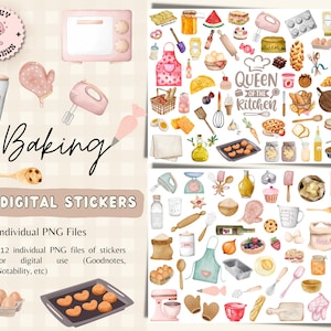 Op de afbeelding: Een set van 112 digitale bakstickers met aquarel illustraties van keukengerei, ingrediënten en gebakken producten. De stickers zijn perfect voor digitale planners, notities en andere digitale projecten. De tekst "Queen of the Kitchen" is te zien in de afbeelding.