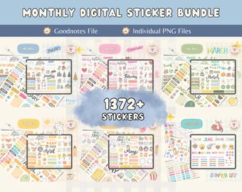 1372 Digital Stickers for Goodnotes, 12 Month Seasonal Planner PNGs, Pre-Cropped Sticker Book Bundle