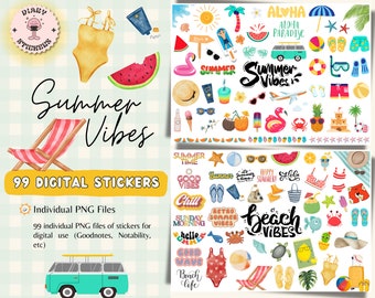 Summer Vibes Digital Stickers, Beach Vacation PNG Stickers (99 files)