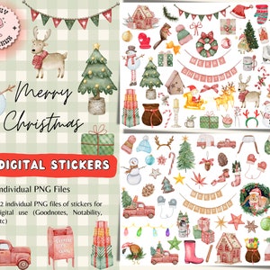 Watercolor Christmas Digital Stickers, Christmas Stickers, Holiday Stickers, Goodnotes Stickers, Planner Stickers, Santa Claus, Reindeer