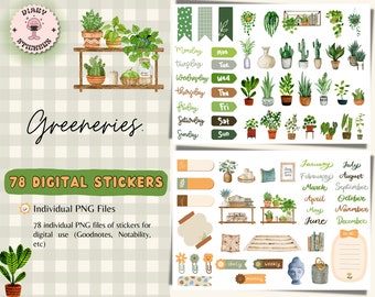 May include: A set of 78 digital stickers featuring illustrations of potted plants, greenery, and other nature-themed designs. The stickers are perfect for adding a touch of nature to digital planners, notes, and other documents.