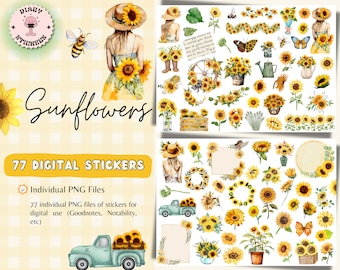 Pode incluir: Uma coleção de 77 adesivos digitais com ilustrações em aquarela de girassóis, incluindo imagens de pessoas com chapéus, abelhas, borboletas, um caminhão vintage, arranjos florais, guirlandas e molduras decorativas para planejamento digital.