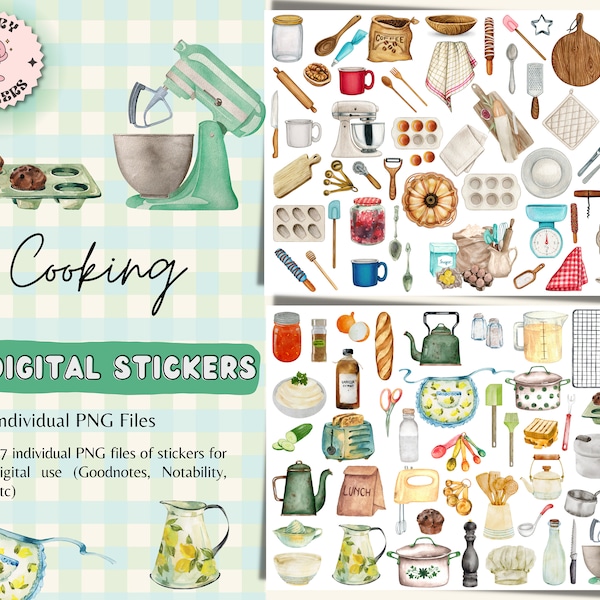 Digitale stickers koken voor GoodNotes, keuken voorgesneden digitale planner stickers, GoodNotes stickers, kookstickers, bakken, eten