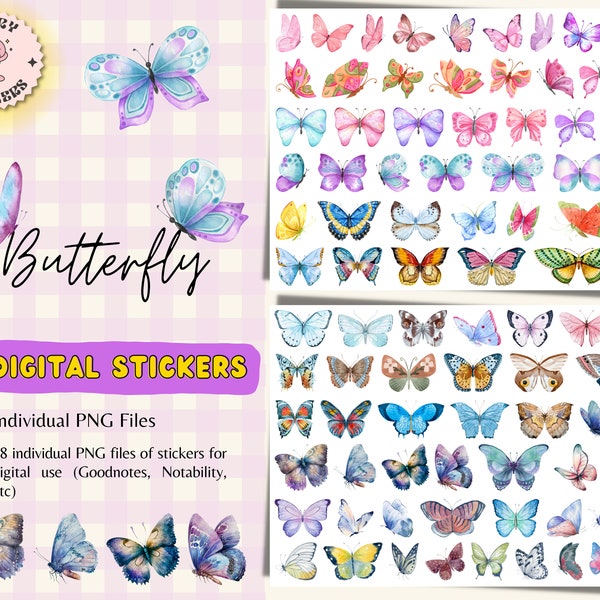 Butterfly Digital Stickers for GoodNotes, Watercolor Pre-cropped Digital Planner Stickers, GoodNotes Stickers, Butterfly Stickers, PNG, Cute