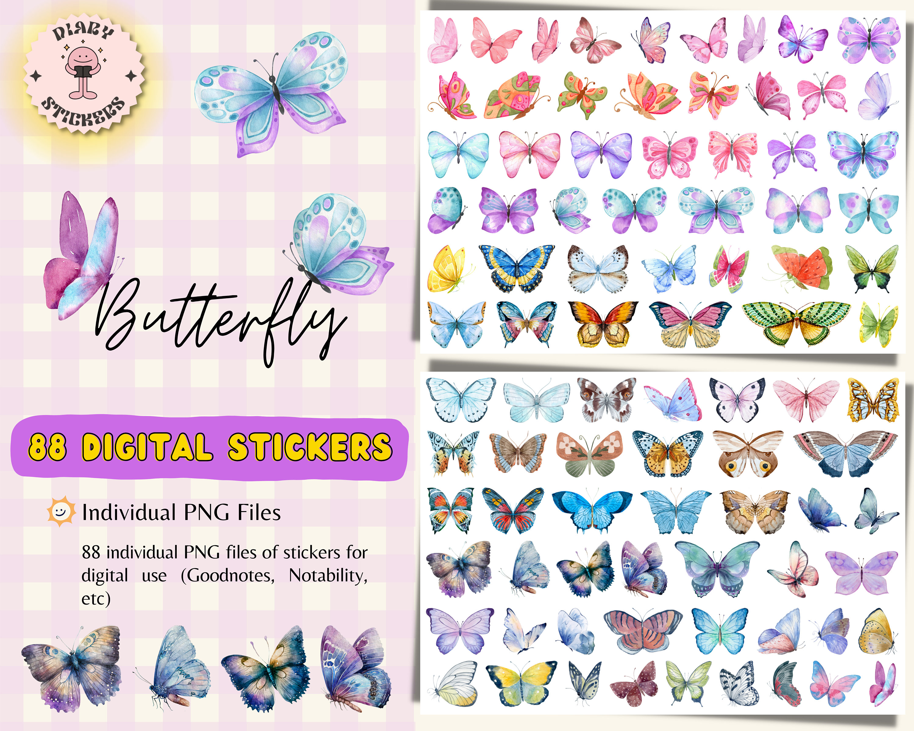 Butterfly Digital Stickers for Goodnotes, Watercolor Pre-cropped ...