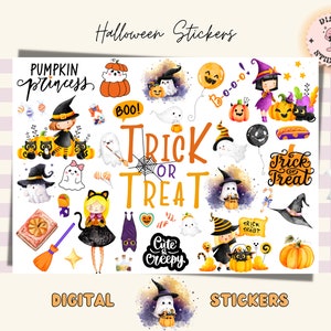 Op de afbeelding: Een set digitale Halloween-stickers met schattige en griezelige personages, waaronder een pompoenprinses, geesten, heksen en een 'Trick or Treat'-bord. De stickers zijn perfect om een feestelijke touch toe te voegen aan je digitale planner, dagboek of andere projecten.
