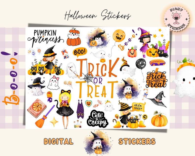 Op de afbeelding: Een set digitale Halloween-stickers met schattige en griezelige personages, waaronder een pompoenprinses, geesten, heksen en een 'Trick or Treat'-bord. De stickers zijn perfect om een feestelijke touch toe te voegen aan je digitale planner, dagboek of andere projecten.