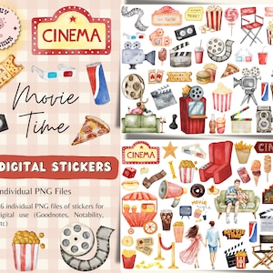 Movie Night Digital Stickers for GoodNotes, Movie Pre-cropped Digital Planner Stickers, GoodNotes Stickers, Popcorn, Cinema Decorations