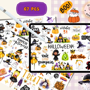 Op de afbeelding: Een set van 67 Halloween-stickers met afbeeldingen van geesten, pompoenen, heksen, katten en andere griezelige figuren. De stickers zijn op een witte achtergrond met een paars-wit geruit patroon. De tekst "BOO!" en "BOO-tiful" is opgenomen in het ontwerp.