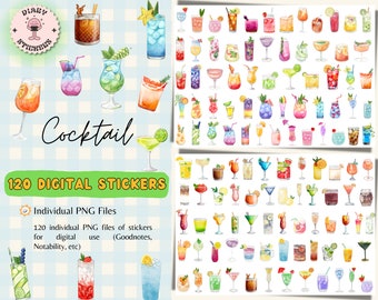 May include: A collection of 120 digital cocktail stickers in various colors and styles. The image includes the text "Cocktail" and "120 DIGITAL STICKERS". The stickers are individual PNG files for digital use, such as Goodnotes and Notability.